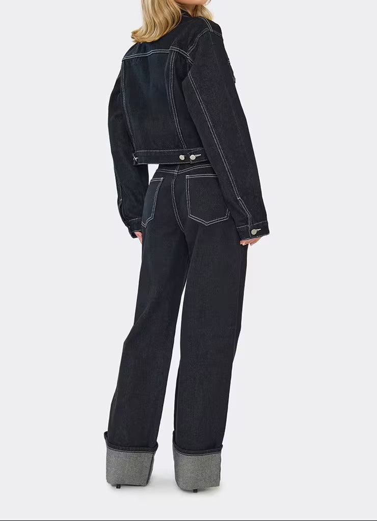 Women's Denim Jacket and Wide-Leg Jeans Set Cropped Two-Piece Outfit
