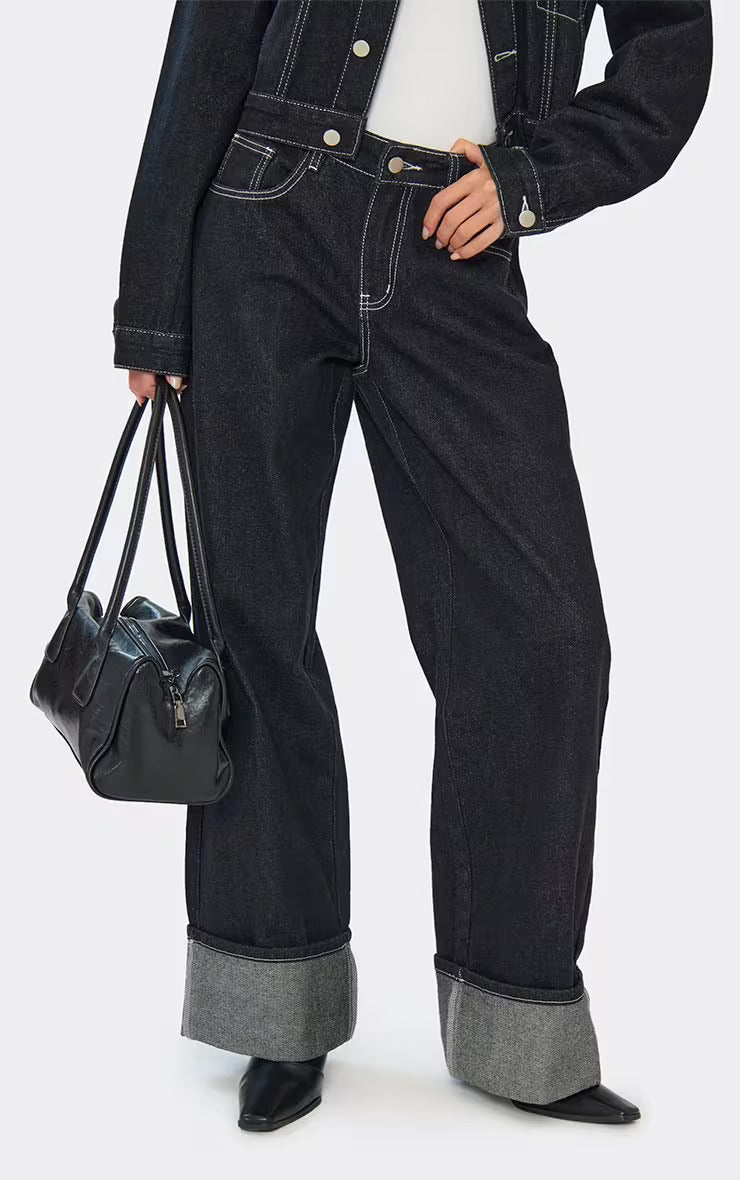 Women's Denim Jacket and Wide-Leg Jeans Set Cropped Two-Piece Outfit