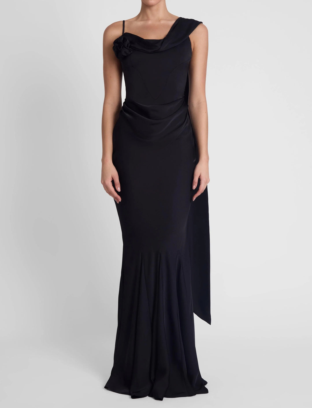 Women's Satin Mermaid Maxi Dress Asymmetric Rosette Cape Sleeve