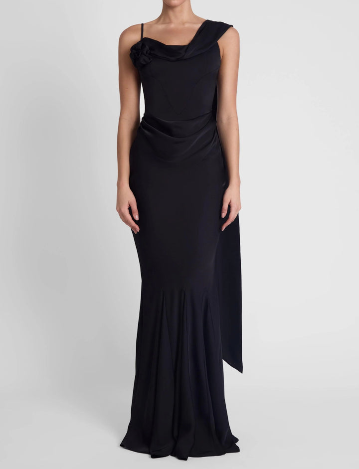 Women's Satin Mermaid Maxi Dress Asymmetric Rosette Cape Sleeve