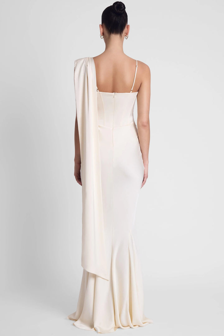 Women's Satin Mermaid Maxi Dress Asymmetric Rosette Cape Sleeve