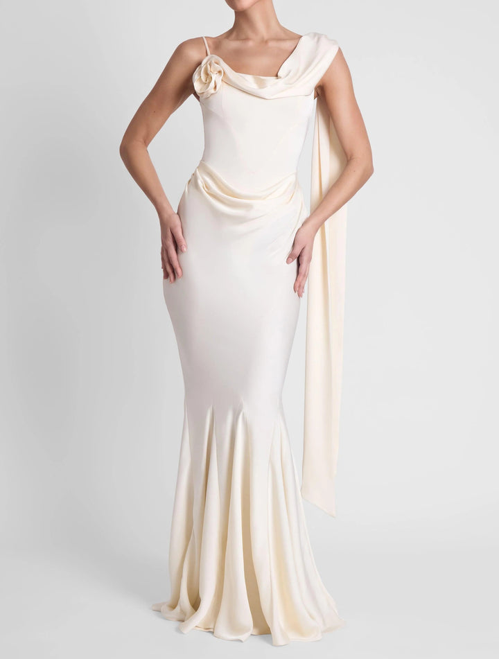 Women's Satin Mermaid Maxi Dress Asymmetric Rosette Cape Sleeve