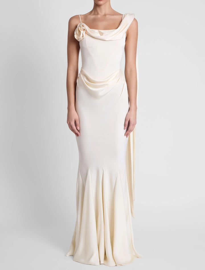 Women's Satin Mermaid Maxi Dress Asymmetric Rosette Cape Sleeve