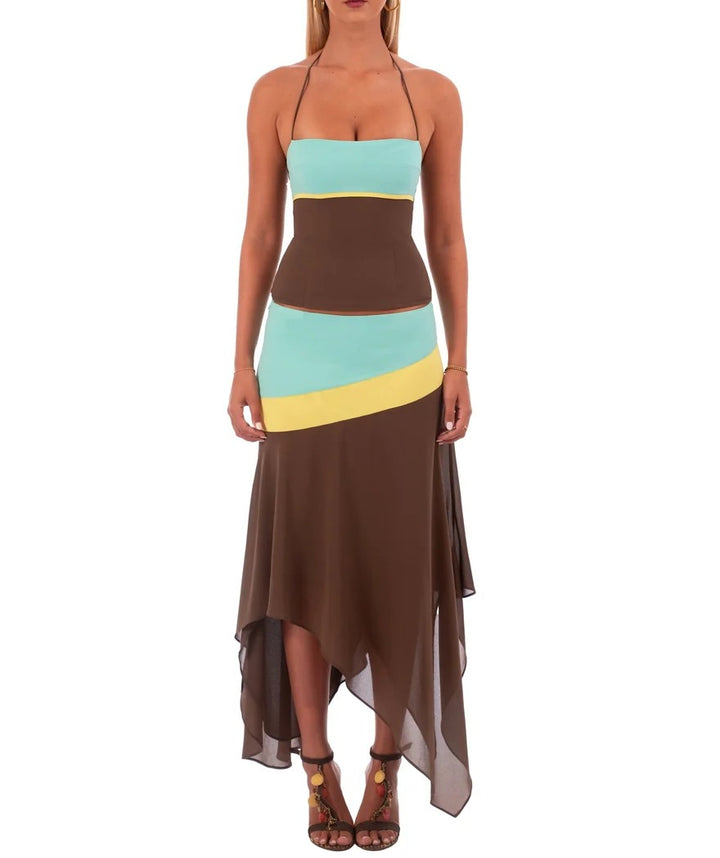 Women's Colour Block Maxi Dress Spaghetti Strap Ruched Bodice Summer