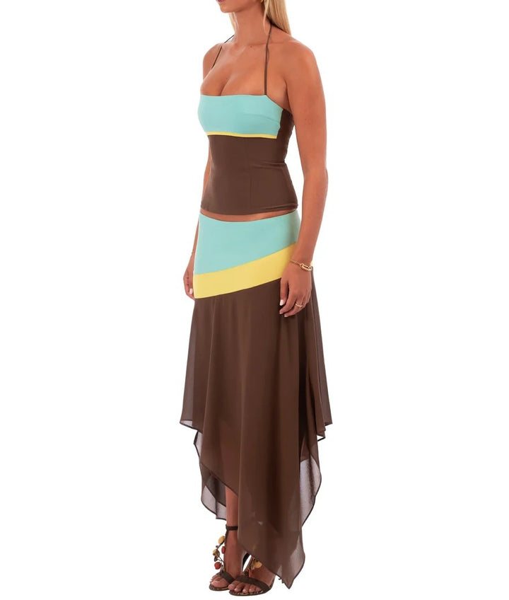 Women's Colour Block Maxi Dress Spaghetti Strap Ruched Bodice Summer