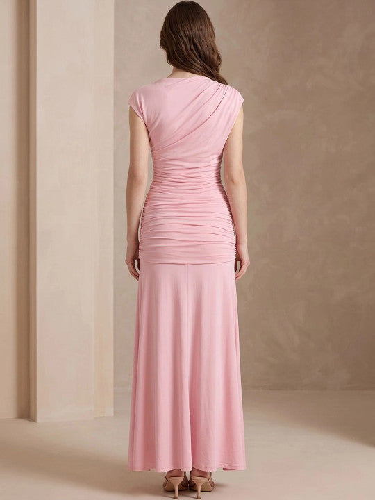 Women's Asymmetric Maxi Dress Ruched Bodice Flowy A-Line Evening Gown
