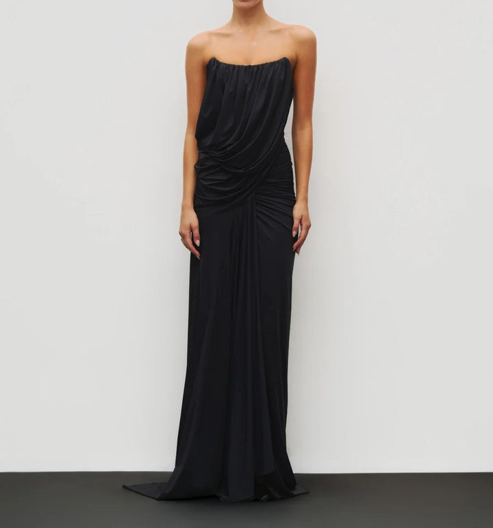 Women's Strapless Ruched Draped Bodycon Maxi Dress