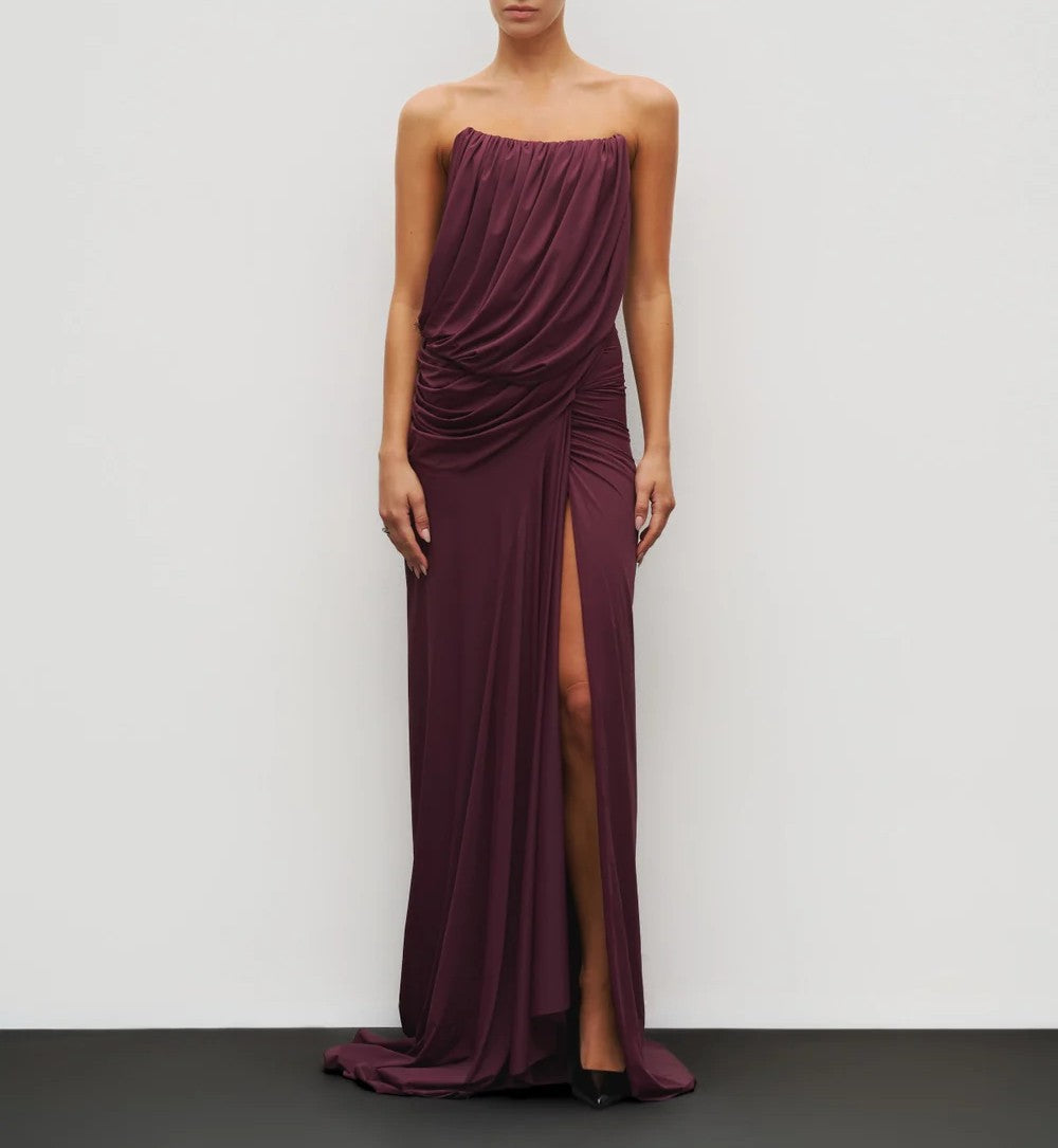 Women's Strapless Ruched Draped Bodycon Maxi Dress
