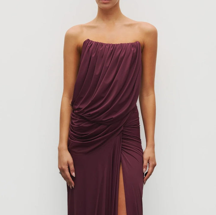 Women's Strapless Ruched Draped Bodycon Maxi Dress