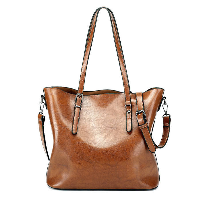Women's Leather Tote Bag Dual-Handle Wide-Base Contrast-Trim