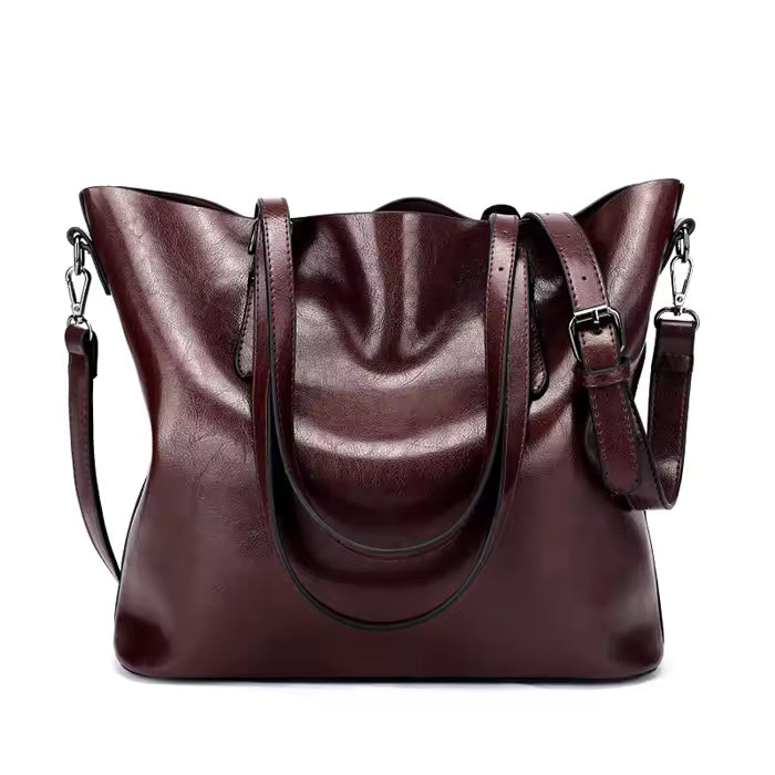 Women's Leather Tote Bag Dual-Handle Wide-Base Contrast-Trim
