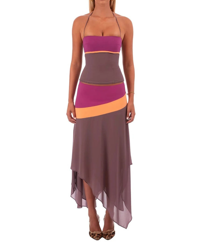 Women's Colour Block Maxi Dress Spaghetti Strap Ruched Bodice Summer