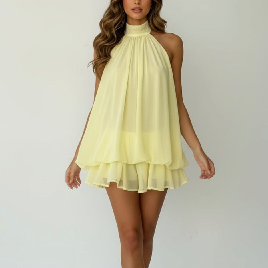Mia | Women's Halter-Neck Tiered Ruffle Chiffon Mini Dress Yellow