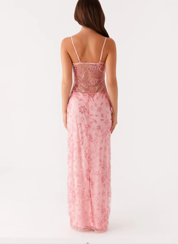 Women's Embroidered Maxi Dress V Neck Sheer Bodice Column Formal