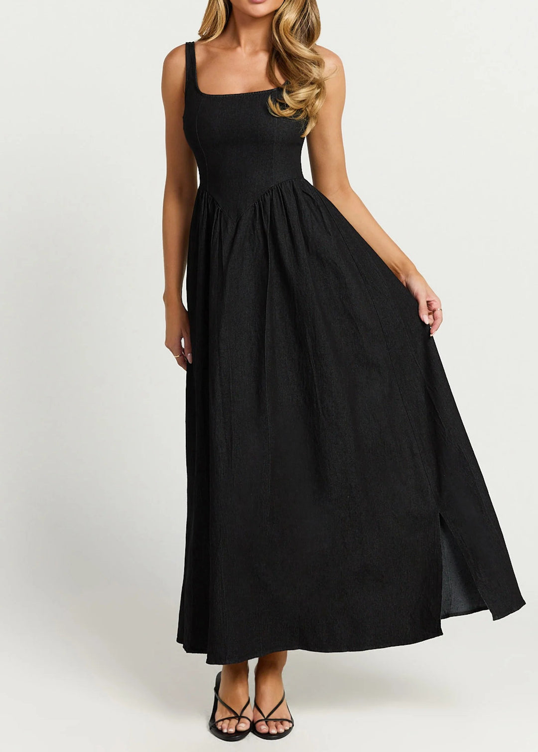 Women's Halter Neck Midi Dress Fitted Bodice A-Line Sleeveless