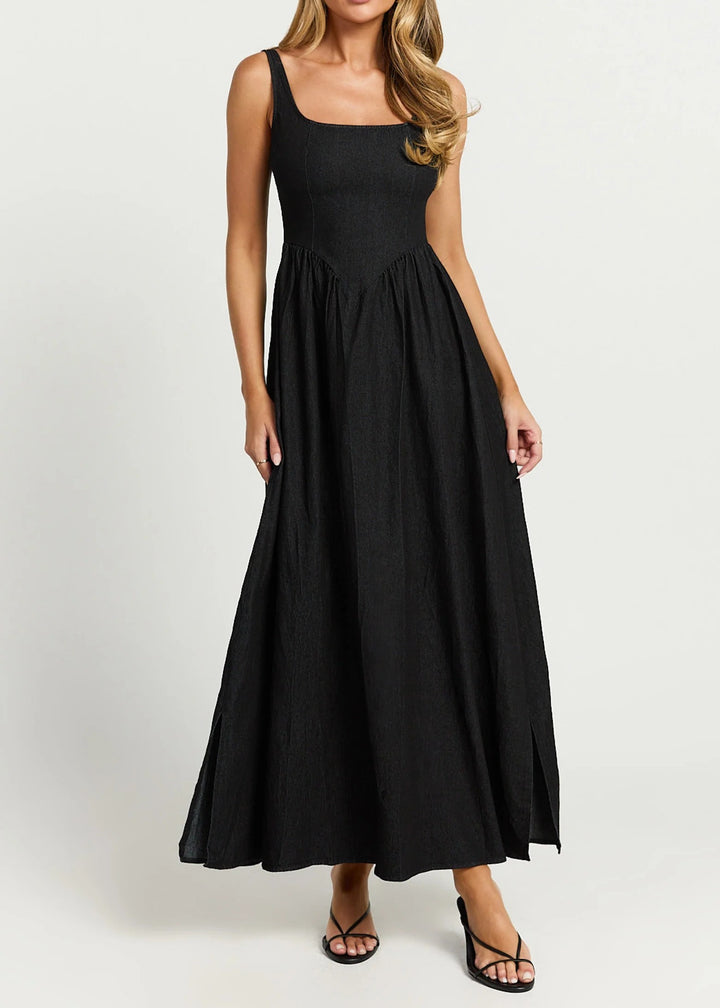 Women's Halter Neck Midi Dress Fitted Bodice A-Line Sleeveless