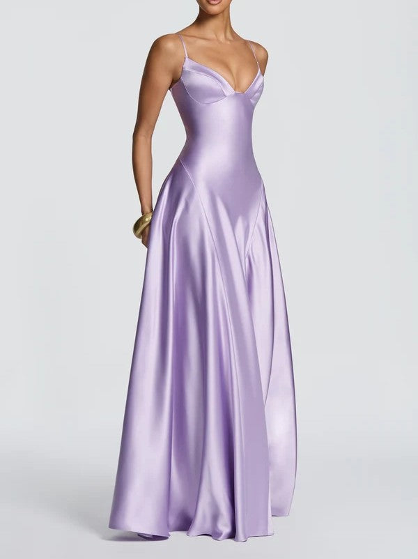 Women's Satin Spaghetti Strap Maxi Dress V-Neck A-Line Evening Gown