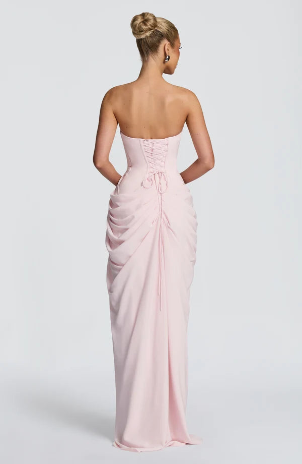 Women's Strapless Maxi Dress Ruched Draped High Split Formal Gown
