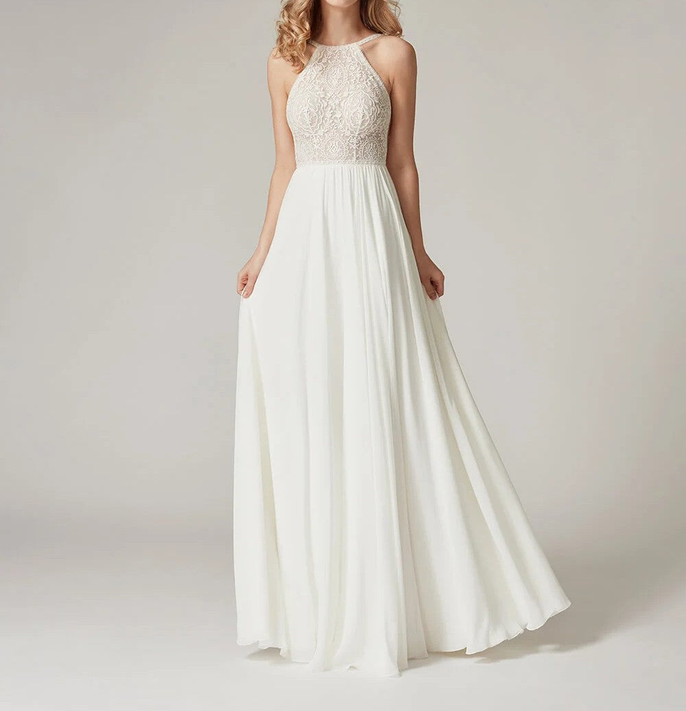 Women's Halter Neck Lace Bodice Maxi Dress Flowy Chiffon Wedding Guest