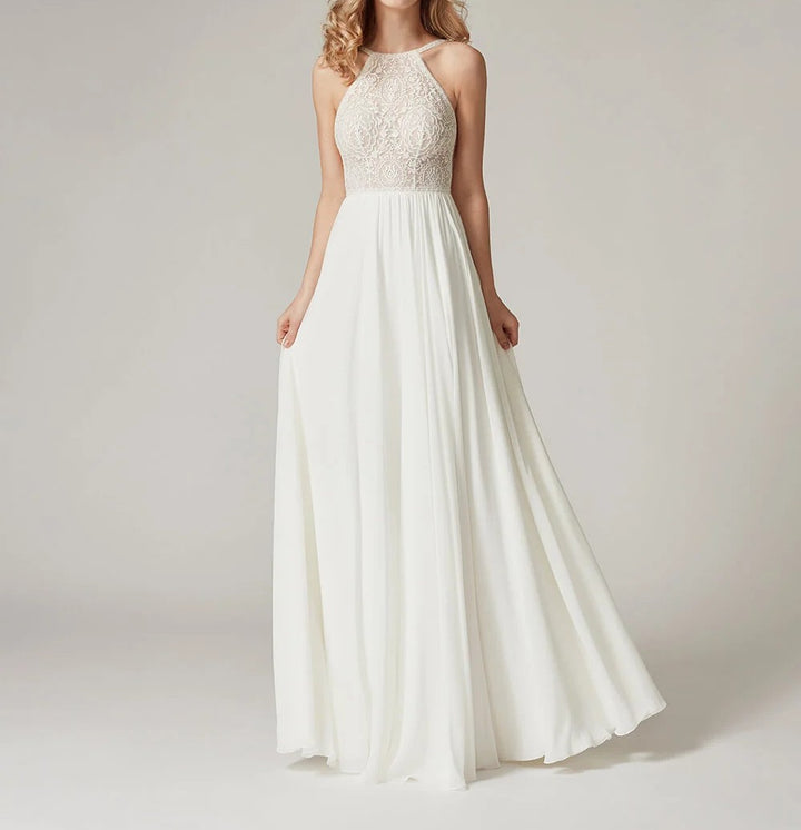 Women's Halter Neck Lace Bodice Maxi Dress Flowy Chiffon Wedding Guest