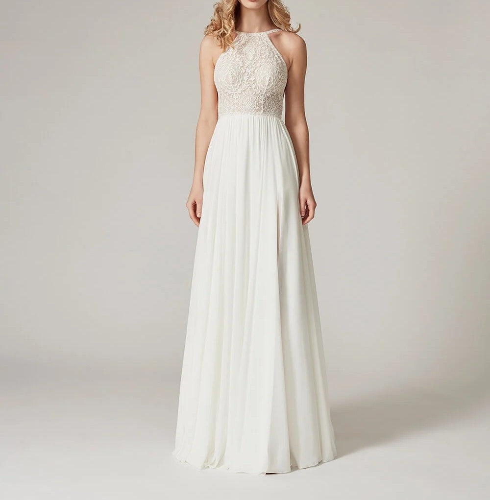 Women's Halter Neck Lace Bodice Maxi Dress Flowy Chiffon Wedding Guest