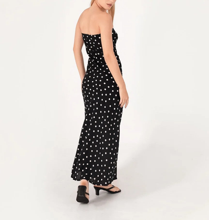 Women's Strapless Polka Dot Maxi Dress Smocked Bodice Sleeveless