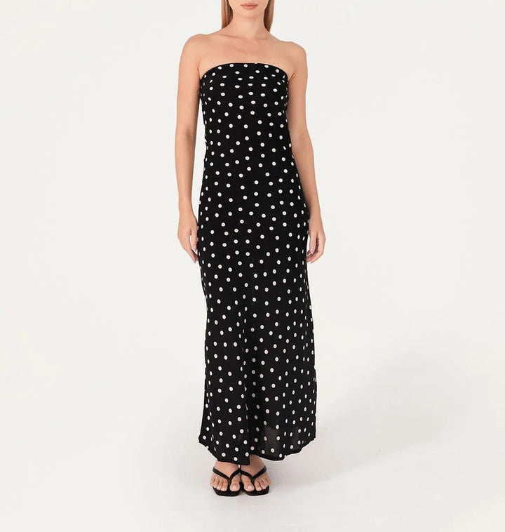 Women's Strapless Polka Dot Maxi Dress Smocked Bodice Sleeveless