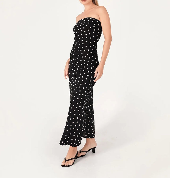 Women's Strapless Polka Dot Maxi Dress Smocked Bodice Sleeveless