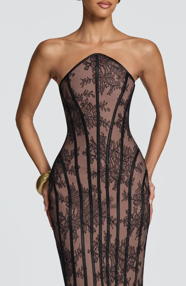 Women's Strapless Lace Corset Bodycon Maxi Dress