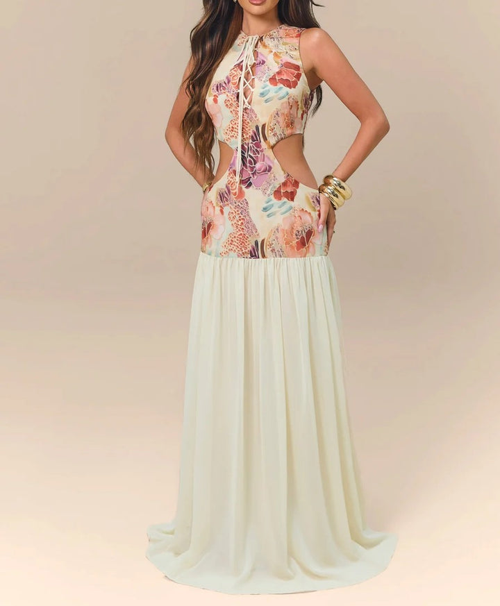 Women's Floral Print Cutout Maxi Dress Halter Neck Lace-Up Bodice