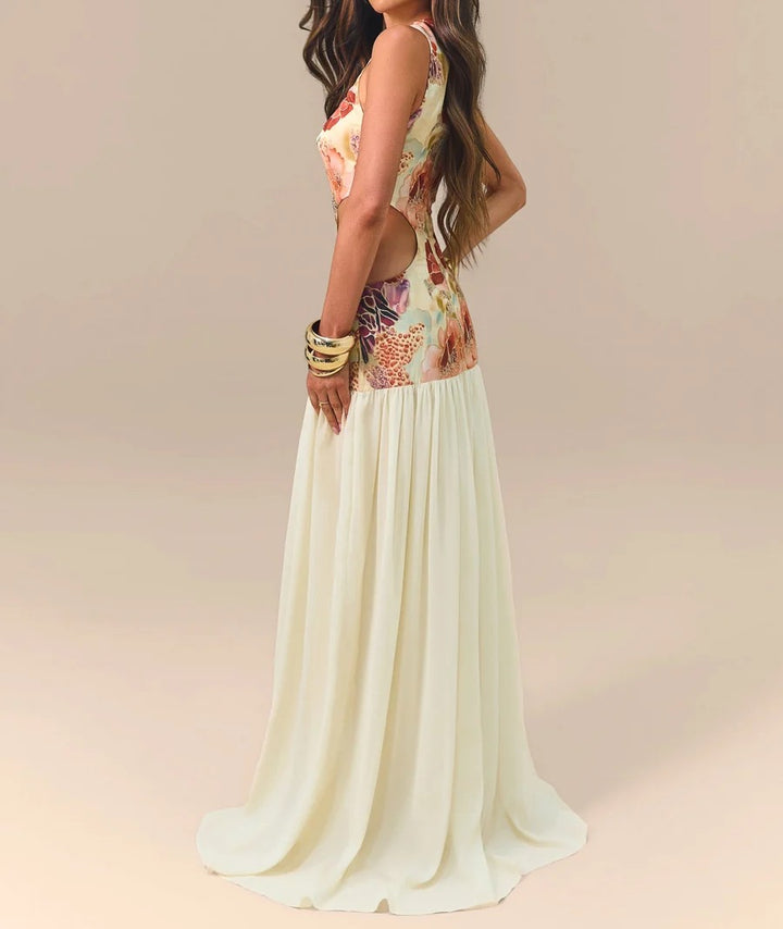 Women's Floral Print Cutout Maxi Dress Halter Neck Lace-Up Bodice