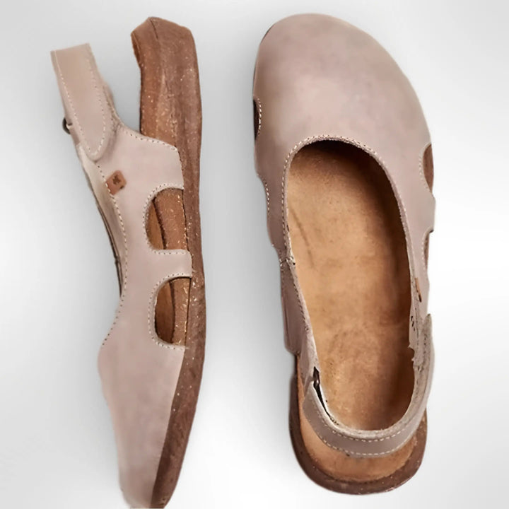 Women's Black Leather Open-Toe Slingback Flats Beige