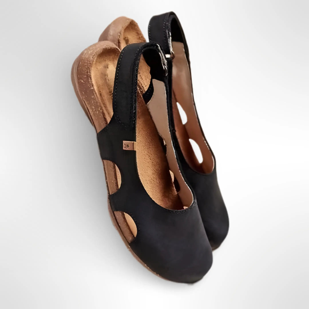 Women's Black Leather Open-Toe Slingback Flats Black