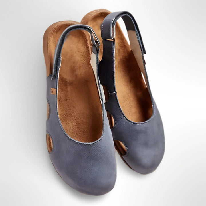 Women's Black Leather Open-Toe Slingback Flats Gray