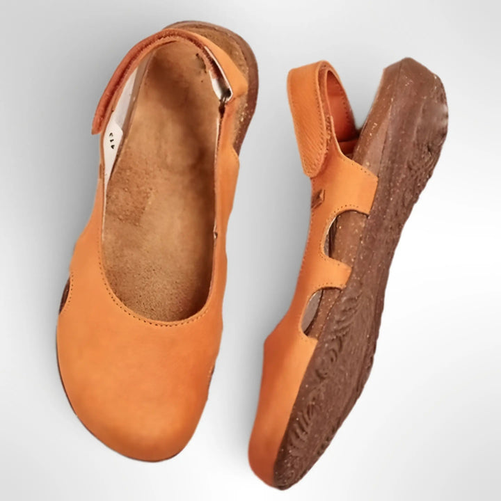 Women's Black Leather Open-Toe Slingback Flats Orange