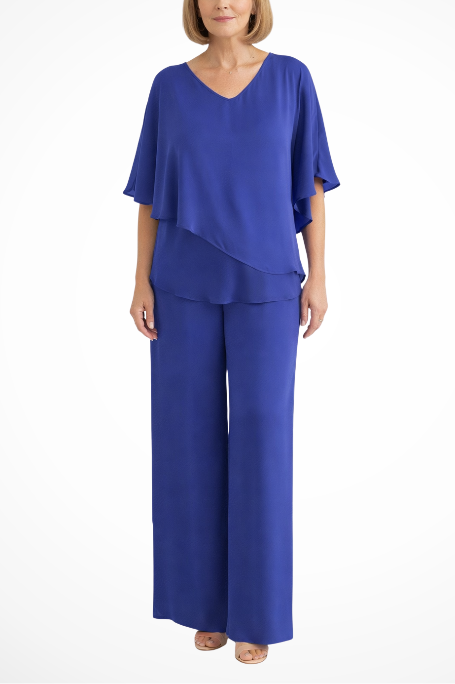 Women's V-Neck Asymmetrical Two-Piece Set With Wide-Leg Pants Blue