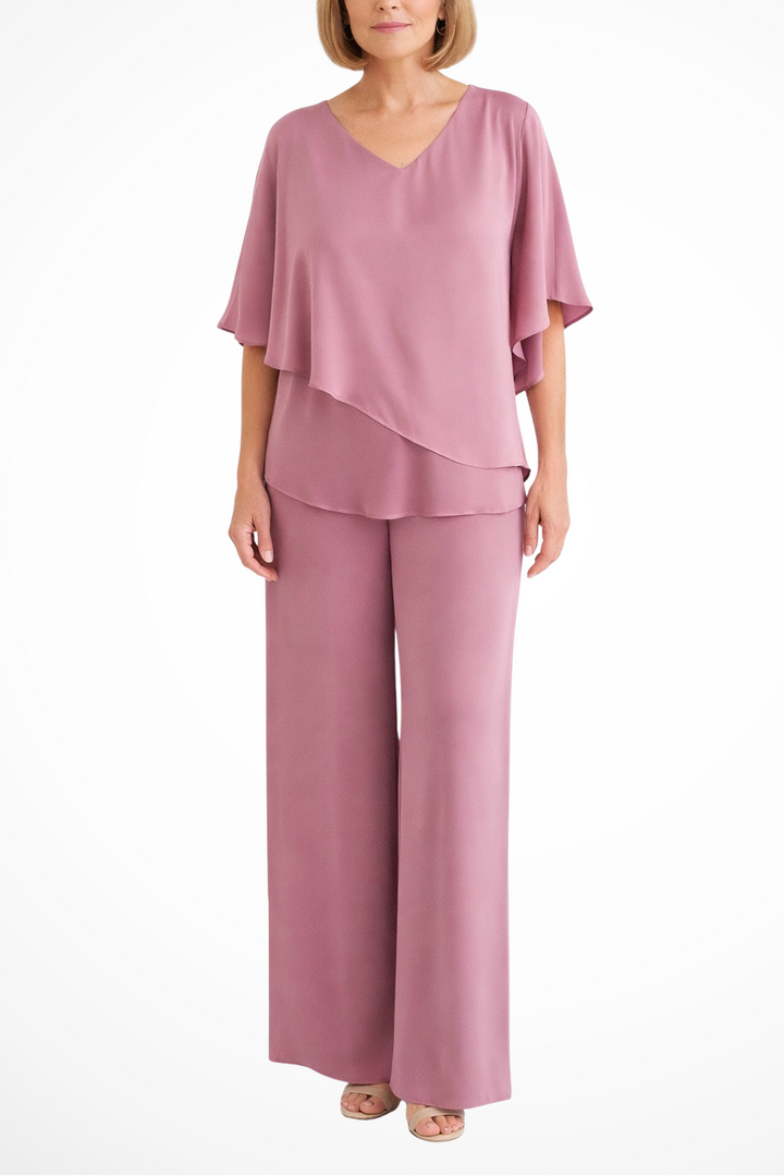 Women's V-Neck Asymmetrical Two-Piece Set With Wide-Leg Pants Light Pink