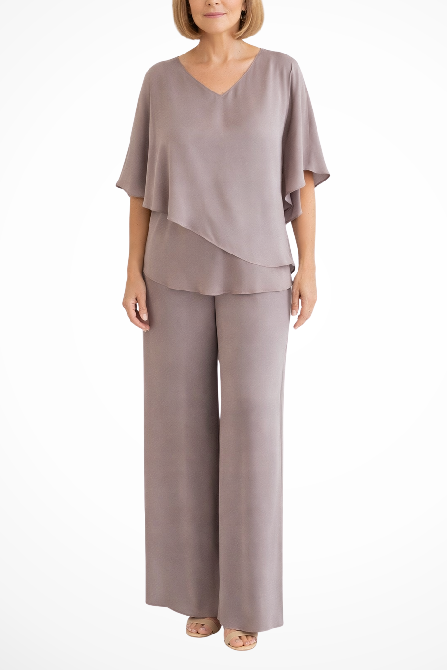 Women's V-Neck Asymmetrical Two-Piece Set With Wide-Leg Pants Taupe