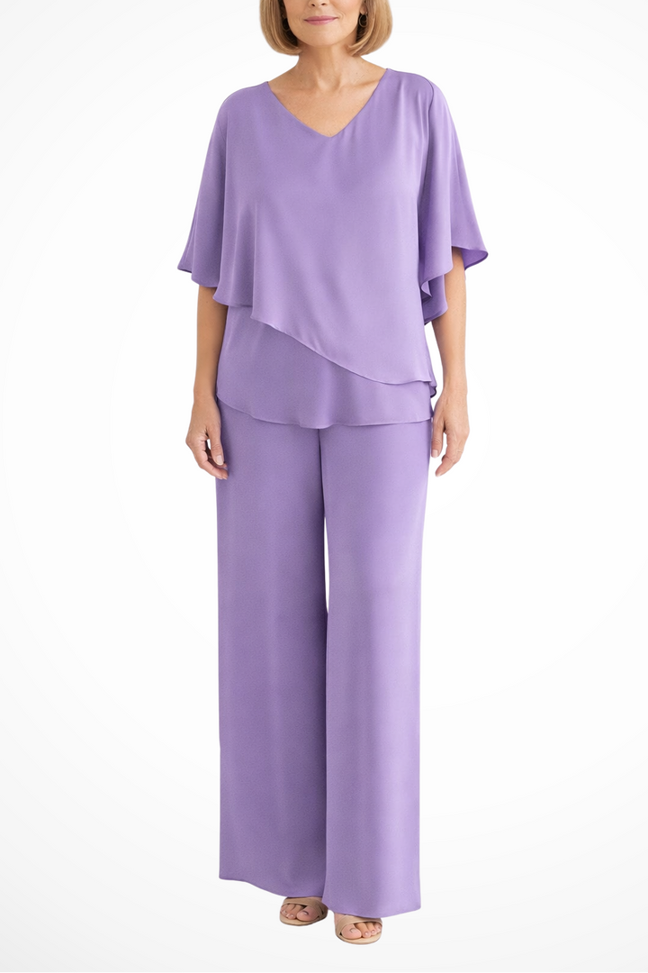 Women's V-Neck Asymmetrical Two-Piece Set With Wide-Leg Pants Violet