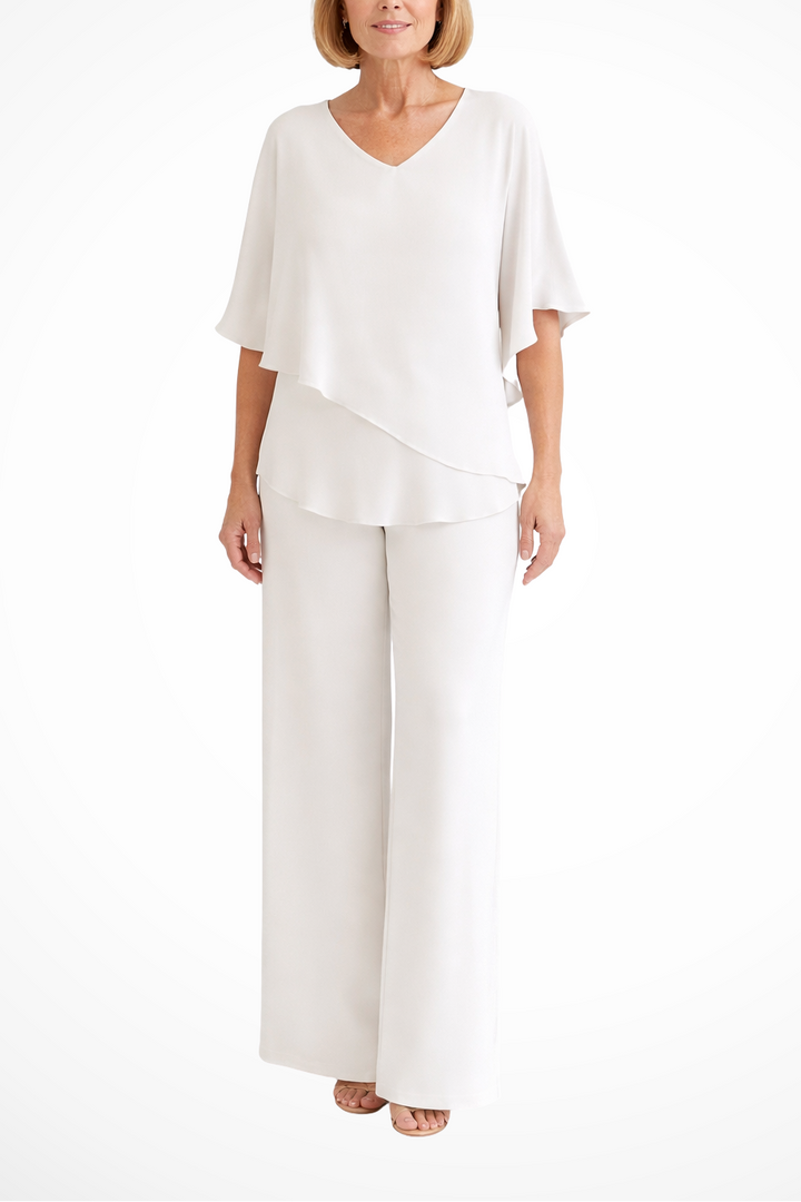 Women's V-Neck Asymmetrical Two-Piece Set With Wide-Leg Pants White
