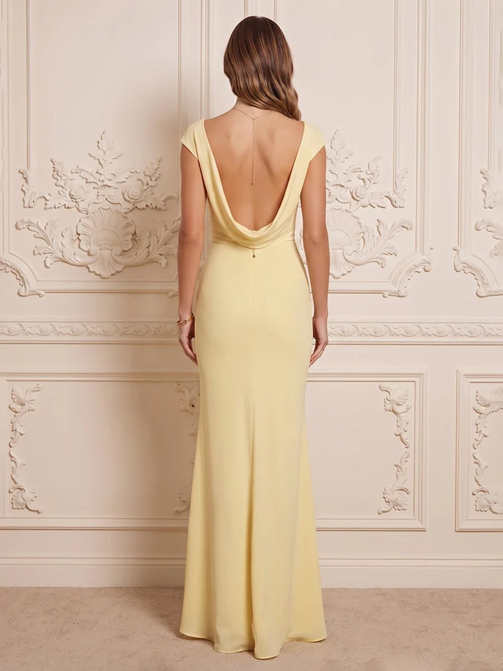 Women's Cowl Neck Satin Maxi Dress Cap Sleeve Bodycon Evening Gown