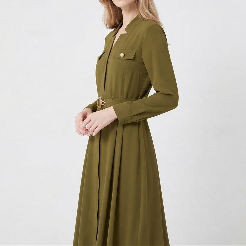 Women's Shirt Dress – Belted A-Line Midi Gold Hardware Pockets