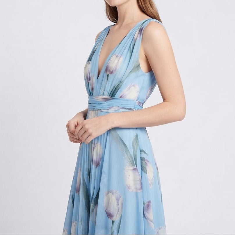 Women's Floral Maxi Dress Chiffon V Neck Sleeveless Formal Gown