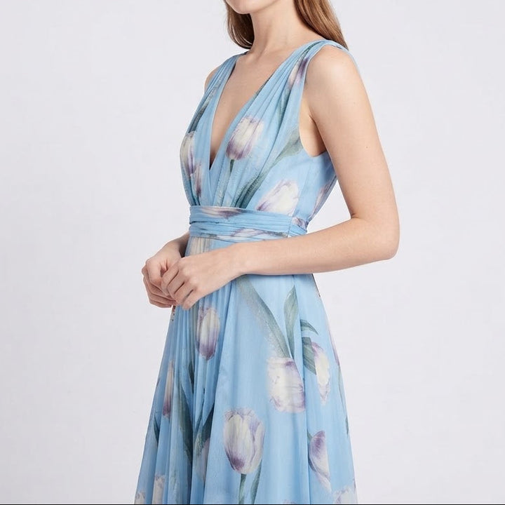 Women's Floral Maxi Dress Chiffon V Neck Sleeveless Formal Gown