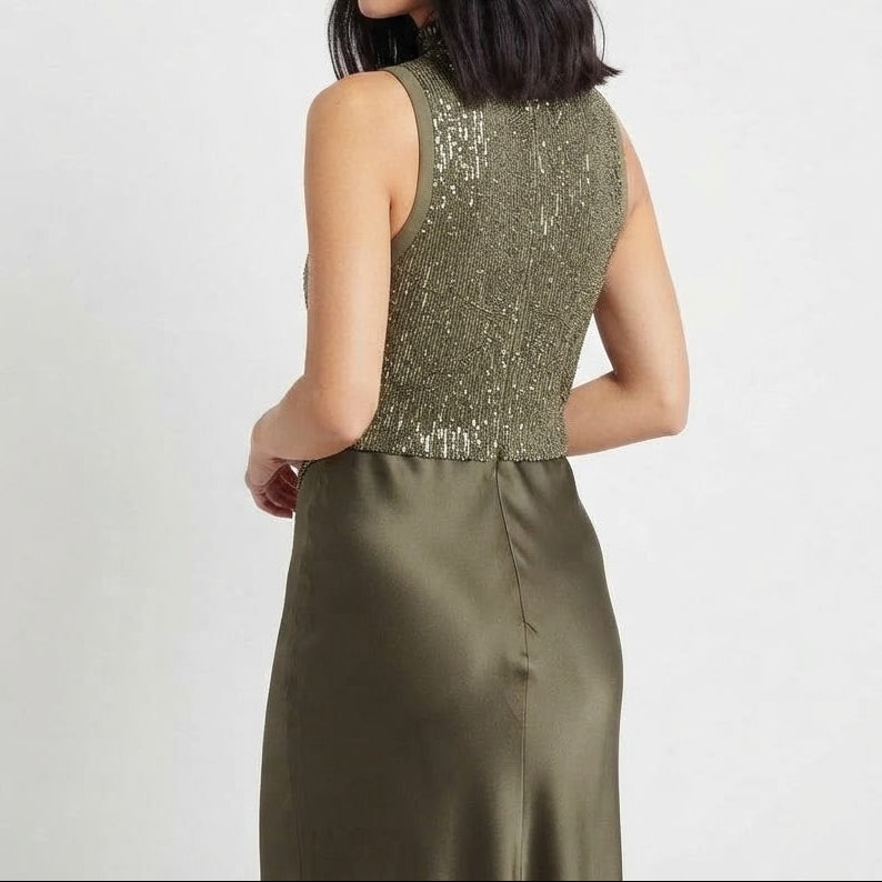Women's Sequin Bodice Top Satin Maxi Skirt Co-Ord Set Evening Occasion