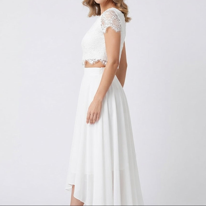 Women's Two Piece Wedding Dress Lace Crop Top Hi Low Skirt Bridal Set