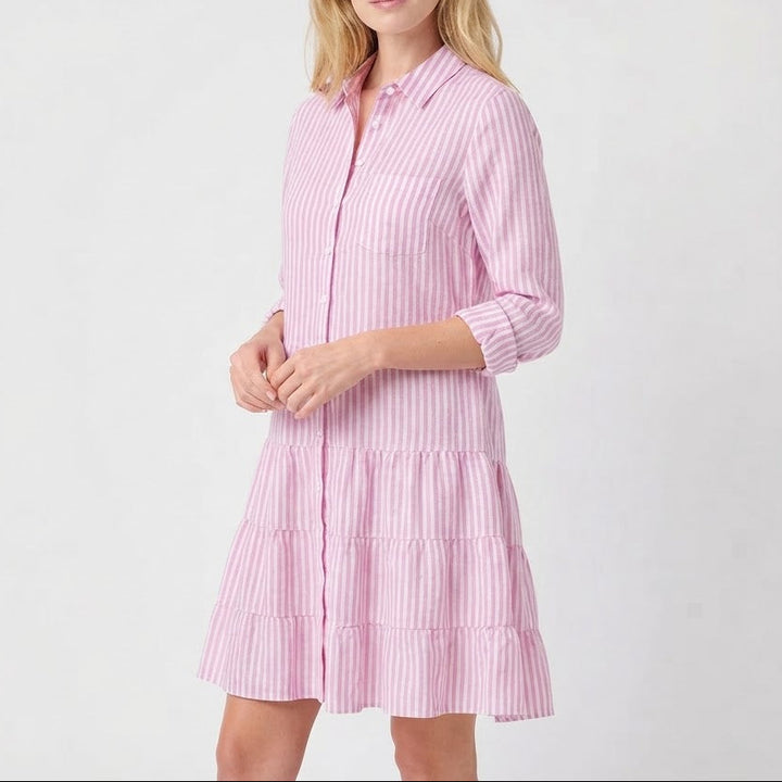 Women's Striped Shirt Dress Tiered Button Down Collared Linen Mini