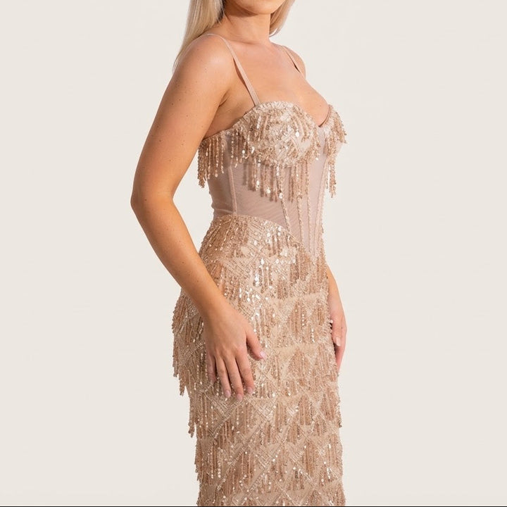 Women's Sequin Fringe Maxi Dress Corset Bodice Mermaid Formal