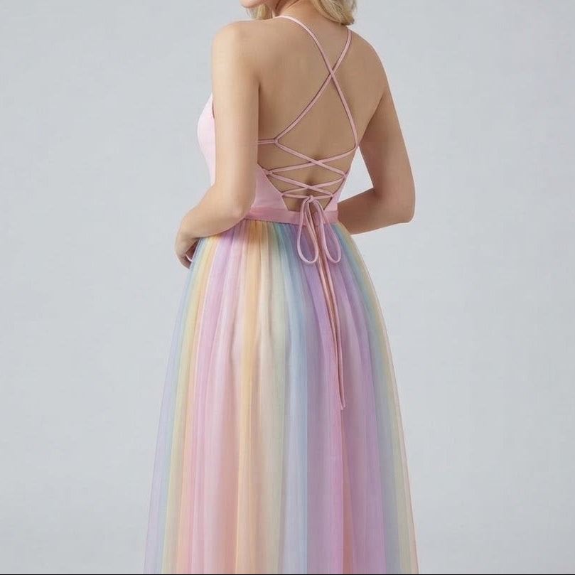 Women's Tulle Maxi Dress Deep V Neck Halter Pleated Skirt Formal