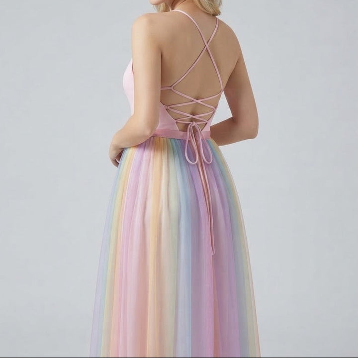Women's Tulle Maxi Dress Deep V Neck Halter Pleated Skirt Formal